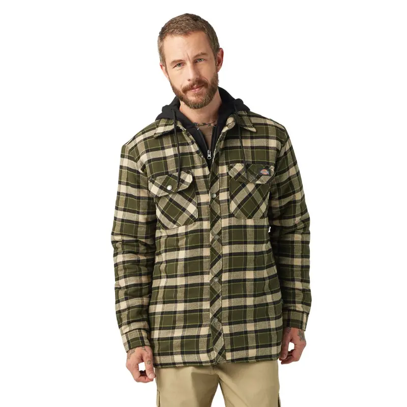 Dickies Men's Hooded Flannel Shirt Jacket With Hydroshield Tj211 - Green 1