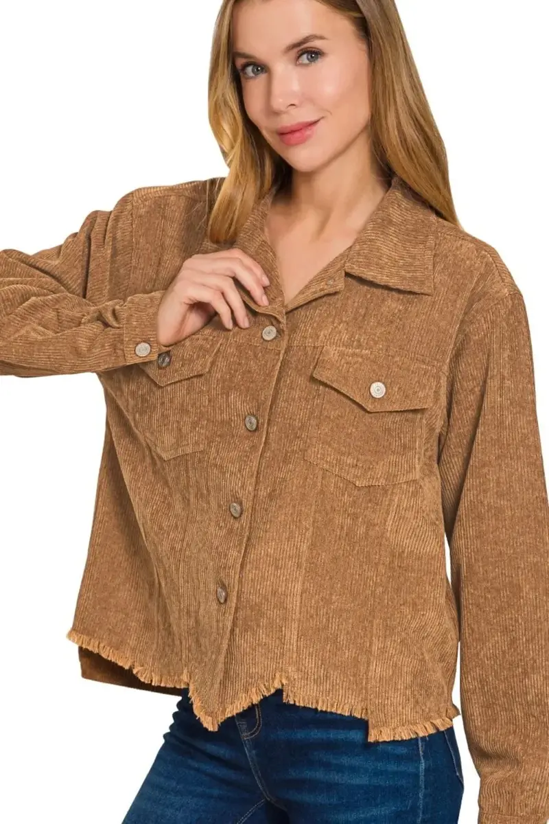 Distressed Corduroy Frayed Hem Cropped Jacket 1