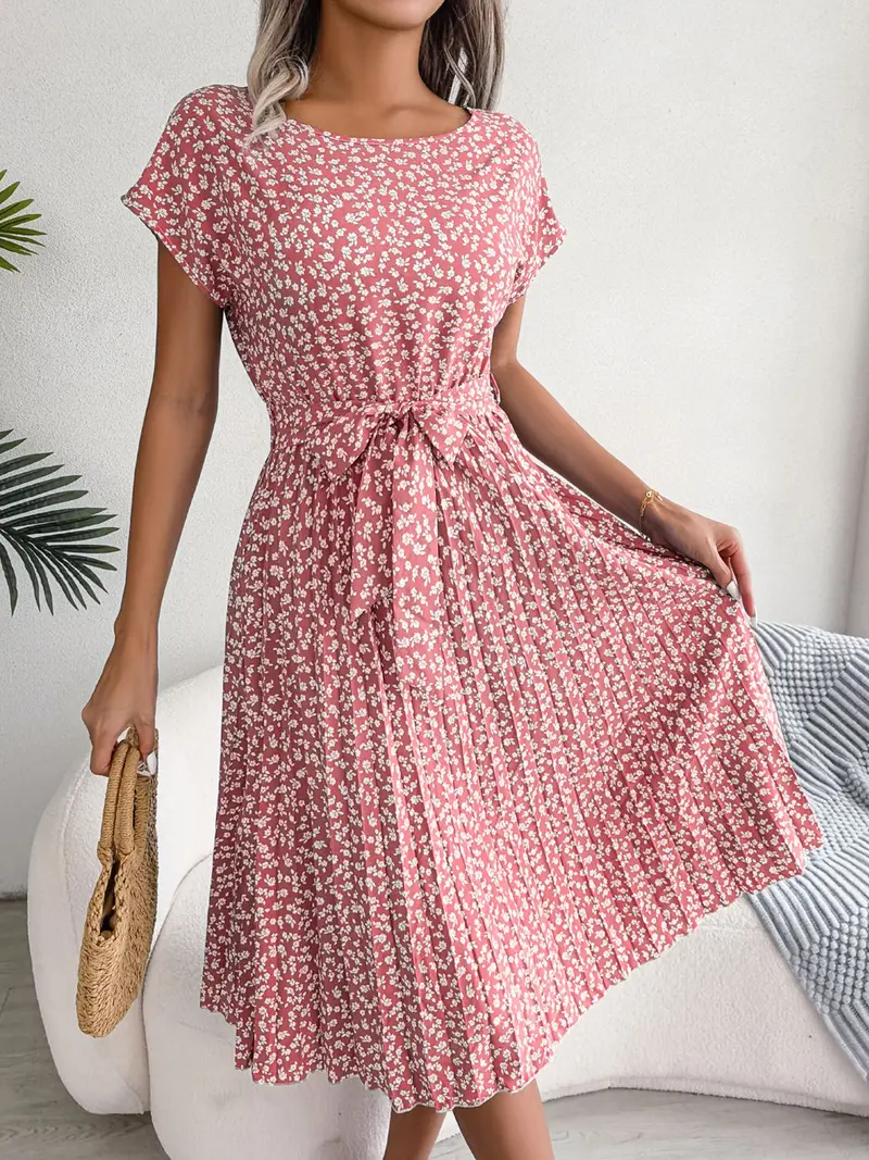 Ditsy Floral Pleated Belted Dress 1
