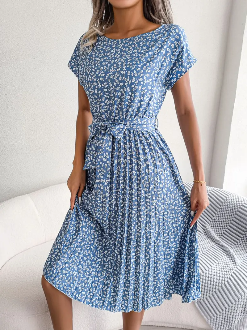 Ditsy Floral Pleated Belted Dress 8