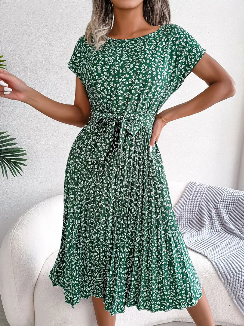 Ditsy Floral Pleated Belted Midi Dress