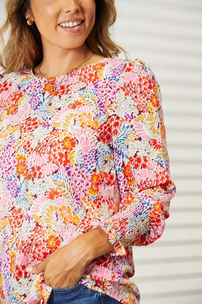 Double Take Floral Print Long Puff Sleeve Blouse 4