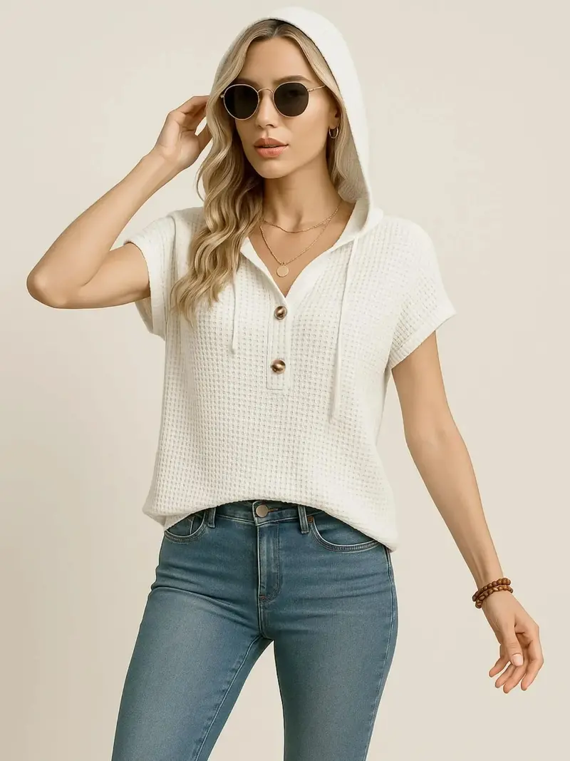 Drawstring Waffle Knit Short Sleeve Hoodie 1