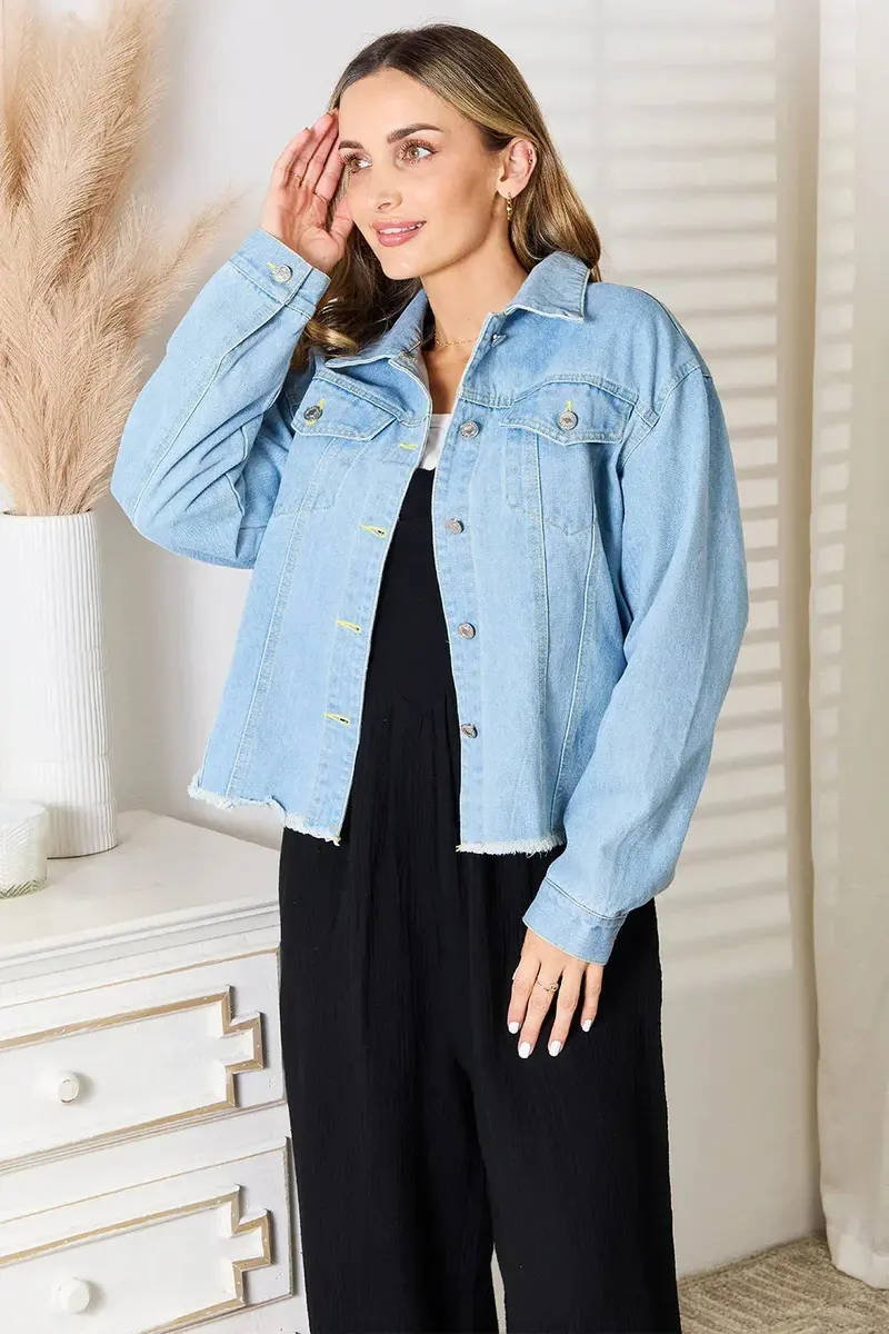 Dropped Shoulder Raw Hem Denim Jacket 3
