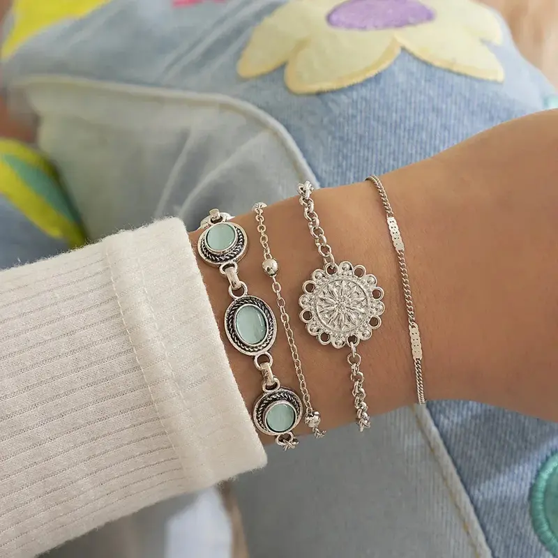 Ethnic Style Flower Disc Cat's Eye Gold Retro Bracelet 1