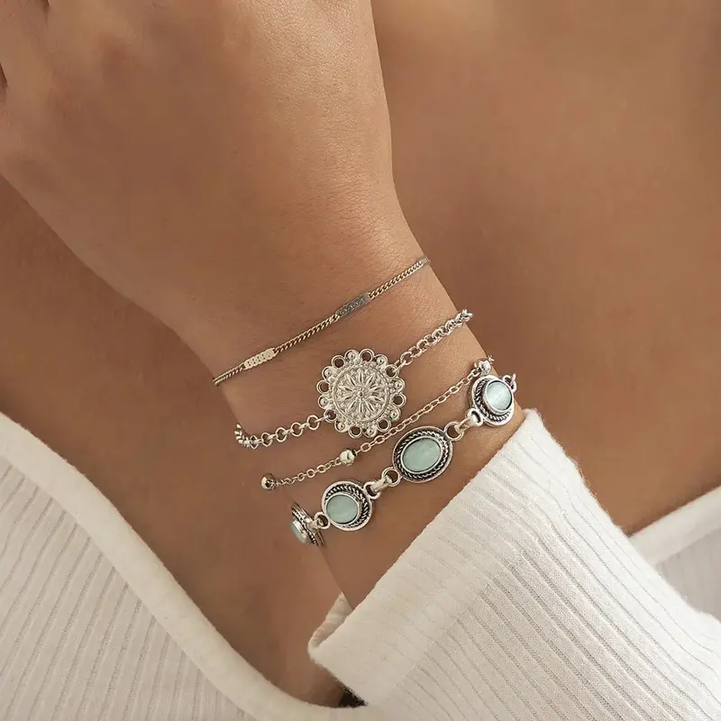 Ethnic Style Flower Disc Cat's Eye Gold Retro Bracelet 1