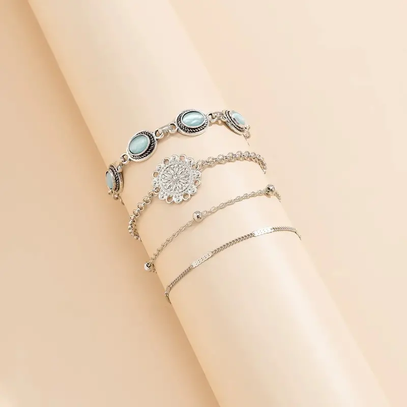 Ethnic Style Flower Disc Cat's Eye Gold Retro Bracelet 2