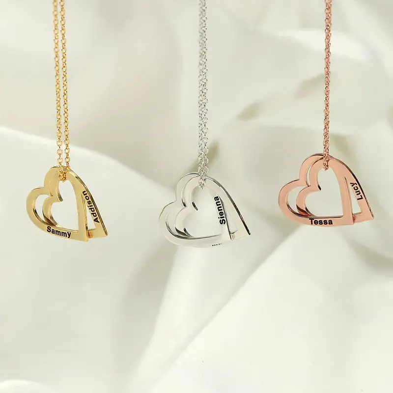 Exquisite And Noble Double Heart Interlocking Customizable Name Design Versatile Necklace 1