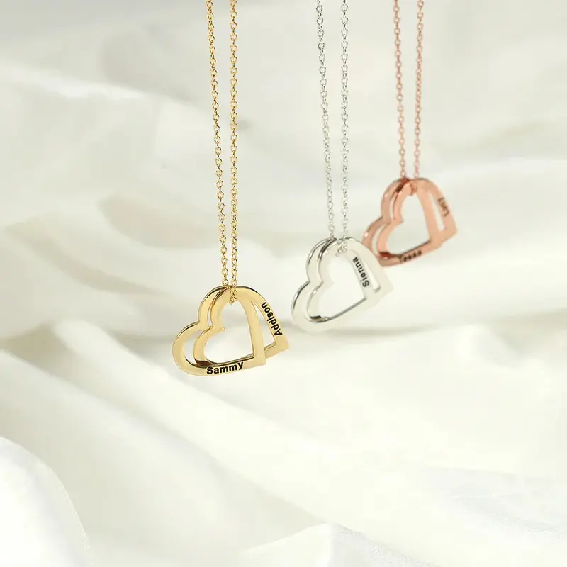 Exquisite And Noble Double Heart Interlocking Customizable Name Design Versatile Necklace 2