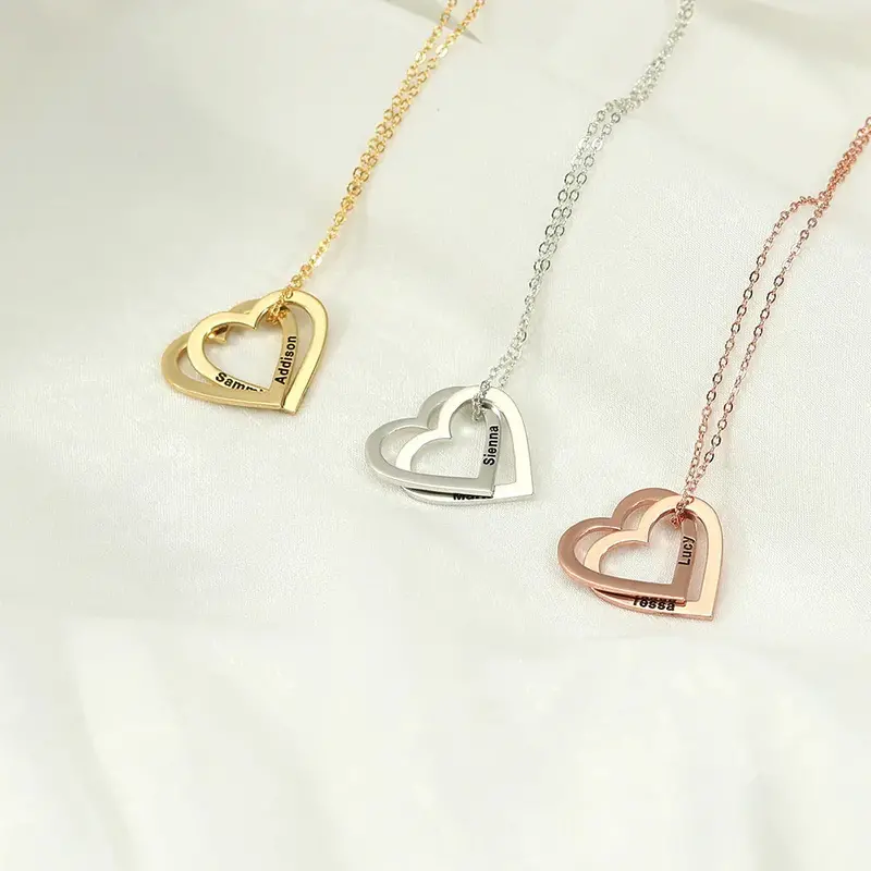 Exquisite And Noble Double Heart Interlocking Customizable Name Design Versatile Necklace 5