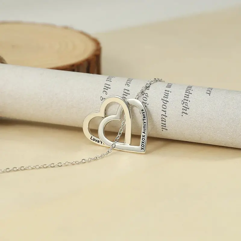 Exquisite And Noble Double Heart Interlocking Customizable Name Design Versatile Necklace 7