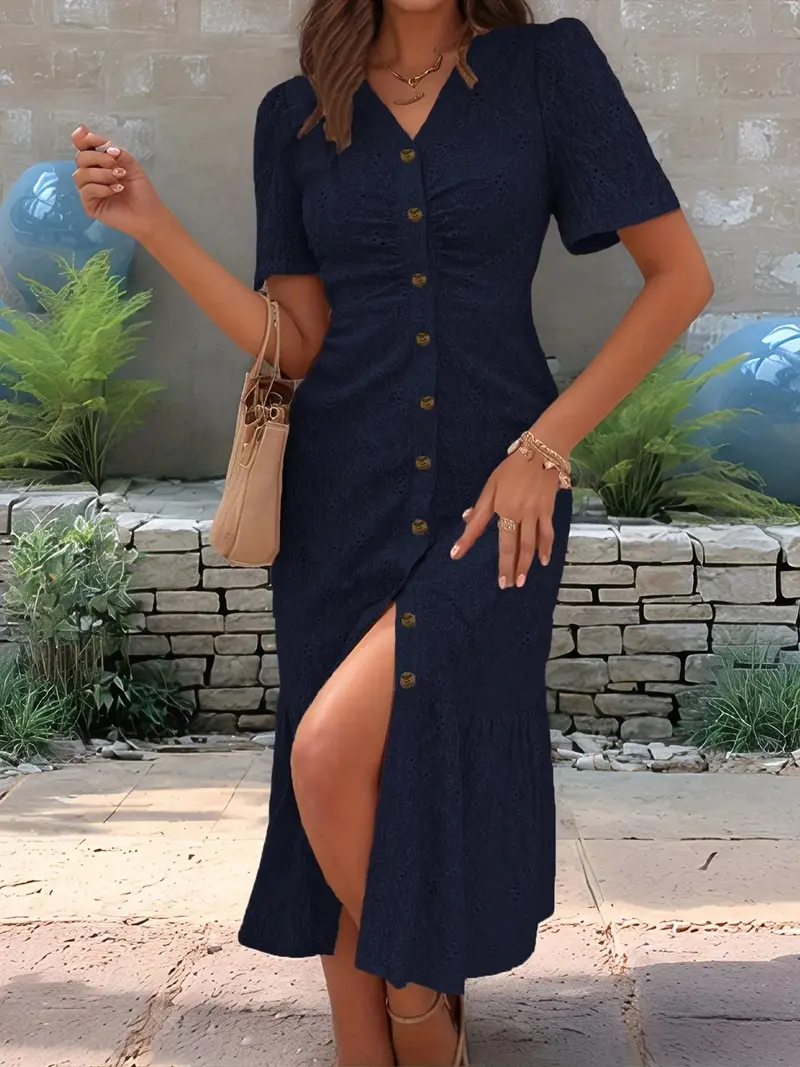 Eyelet Button Front V-Neck Midi Dress 11