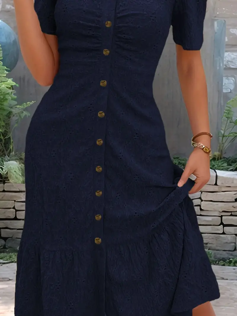 Eyelet Button Front V-Neck Midi Dress 12