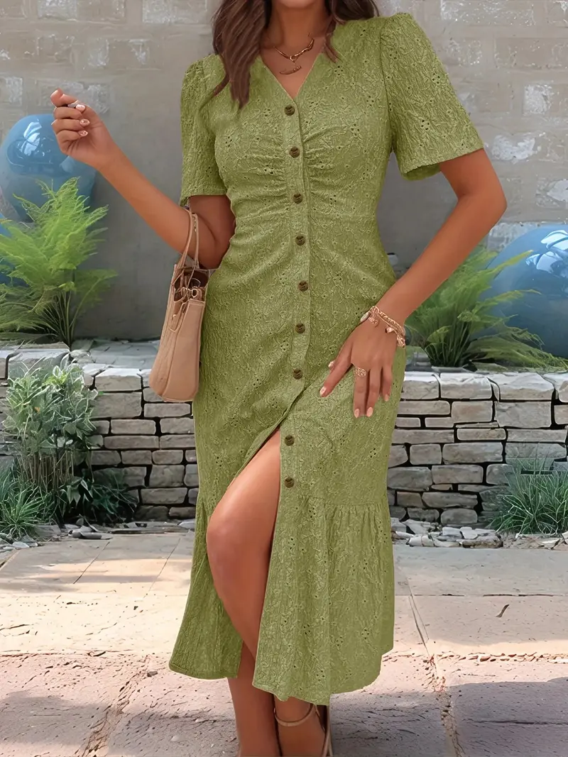 Eyelet Button Front V-Neck Midi Dress 2