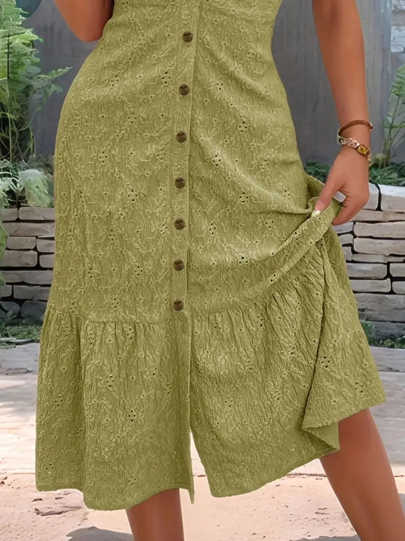 Eyelet Button Front V-Neck Midi Dress 3