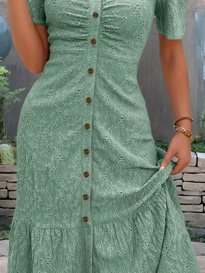 Eyelet Button Front V-Neck Midi Dress 6