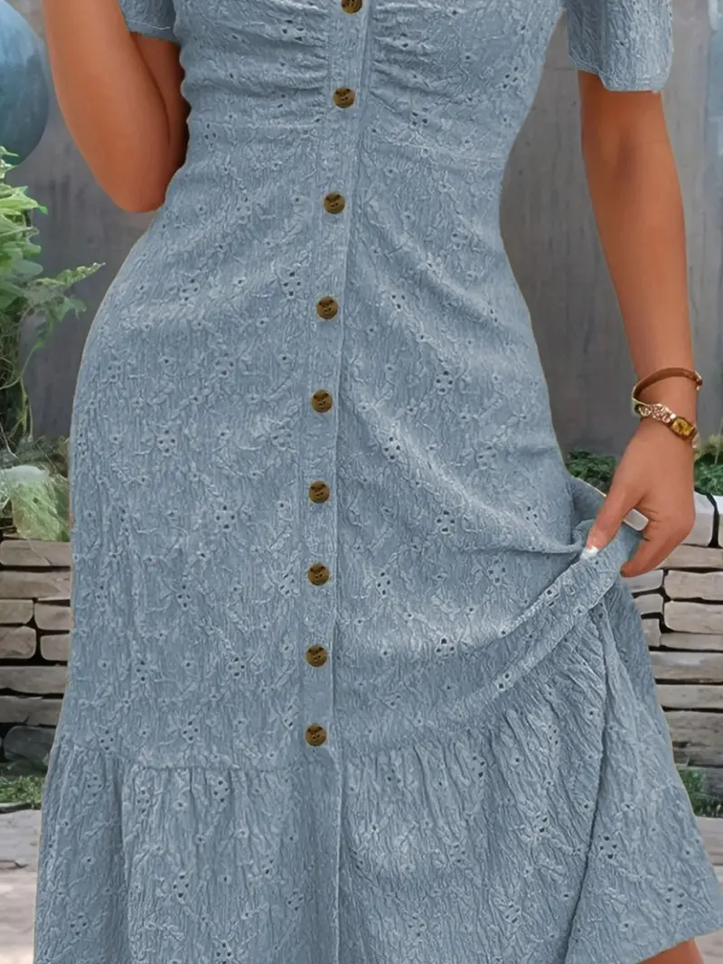 Eyelet Button Front V-Neck Midi Dress 9