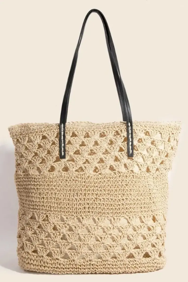 Faux Leather Handle Knitted Tote Bag 1