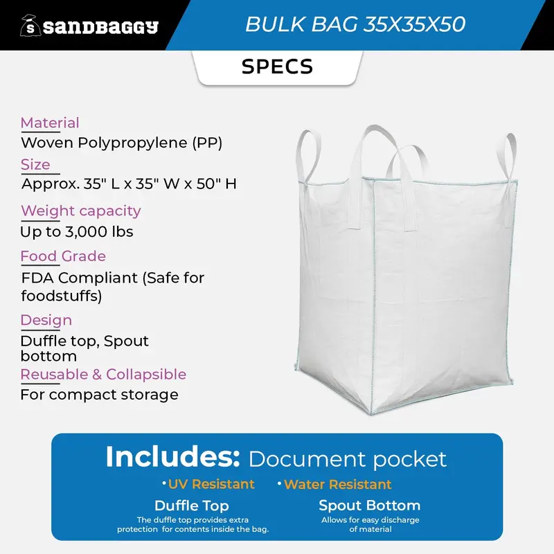 Fibc Bulk Bag – Duffle Top, Spout Bottom – 3000 Lb Cap., Food Grade – 35" X 35" X 50" (45 Cu Ft) 2