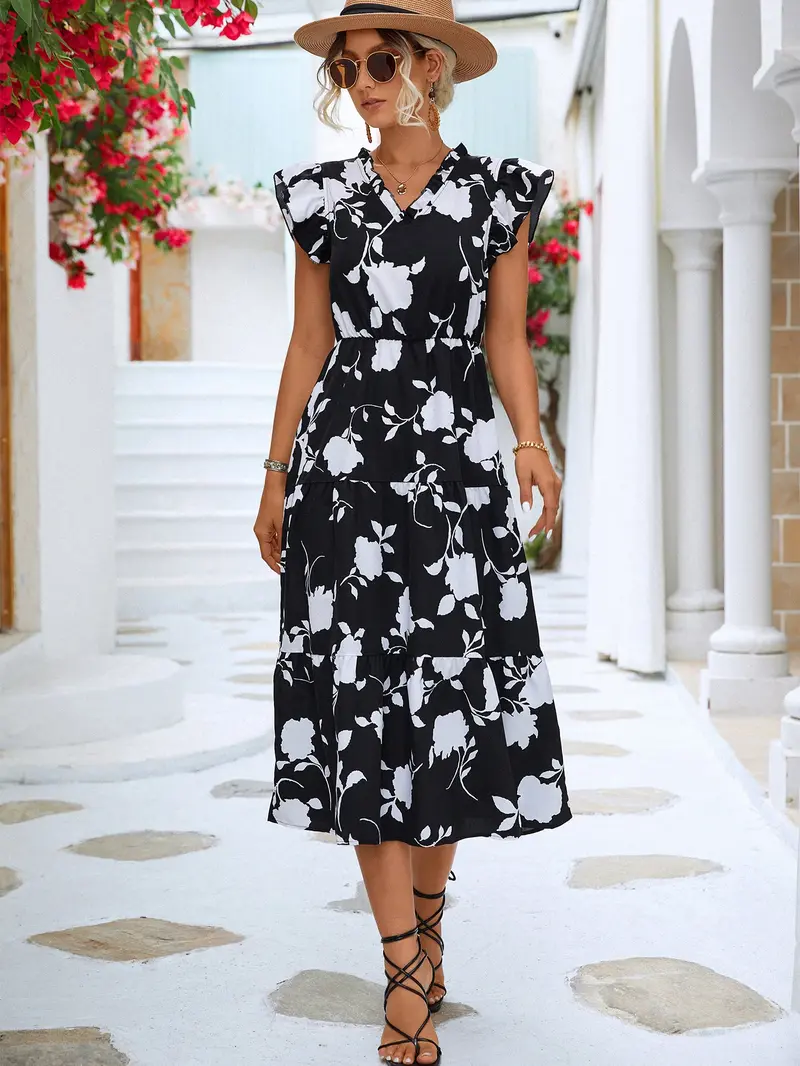 Floral Frill Trim V-Neck Tiered Midi Dress 1