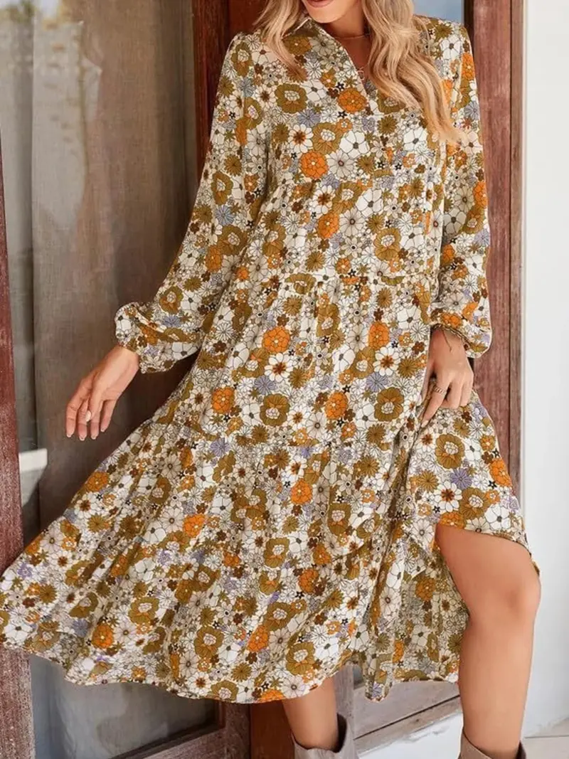 Floral Print Balloon Sleeve Midi Dress 1