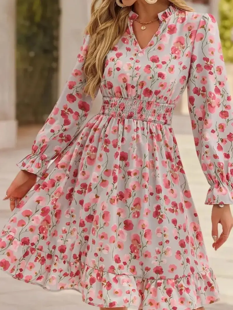 Floral Print Flounce Sleeve Ruffle Hem Dress 1