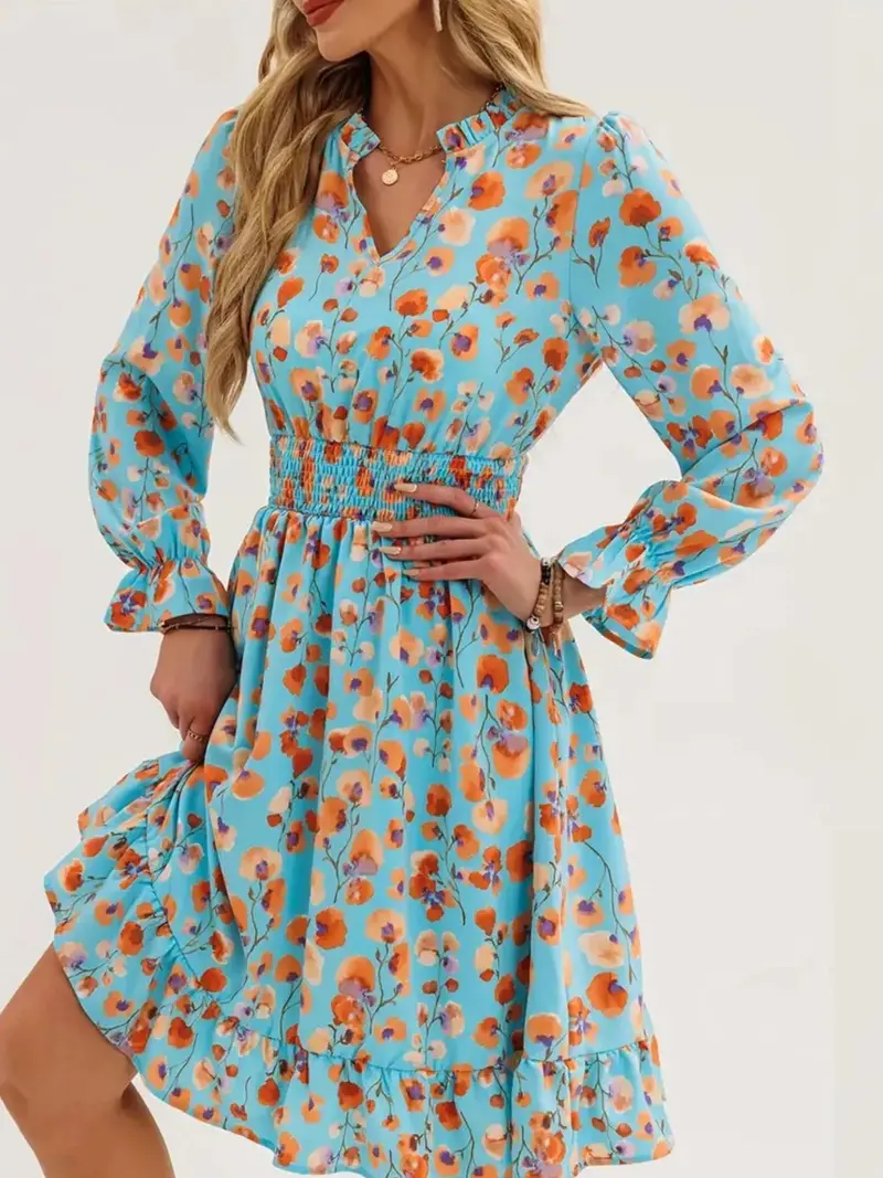 Floral Print Flounce Sleeve Ruffle Hem Dress 10