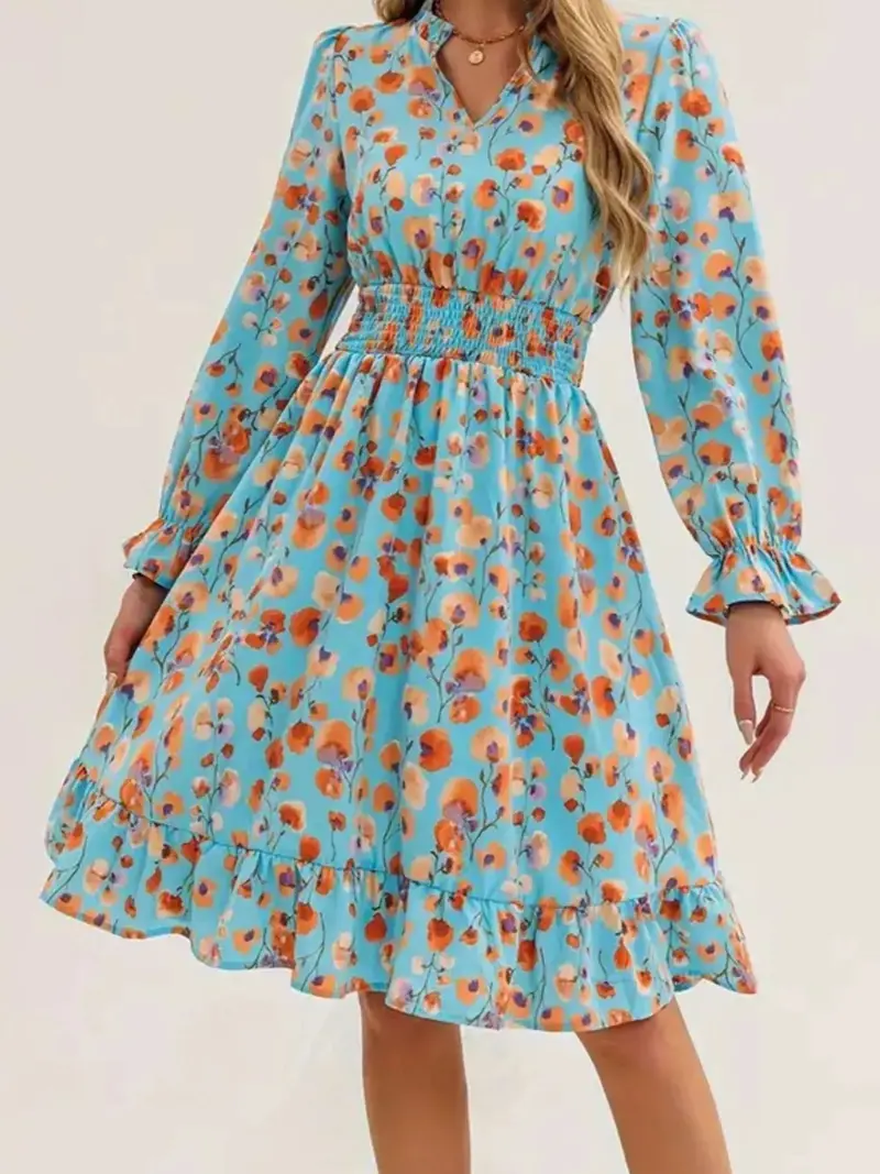 Floral Print Flounce Sleeve Ruffle Hem Dress 11