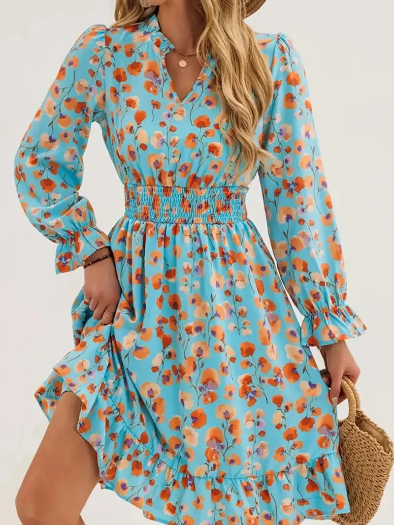 Floral Print Flounce Sleeve Ruffle Hem Dress 12