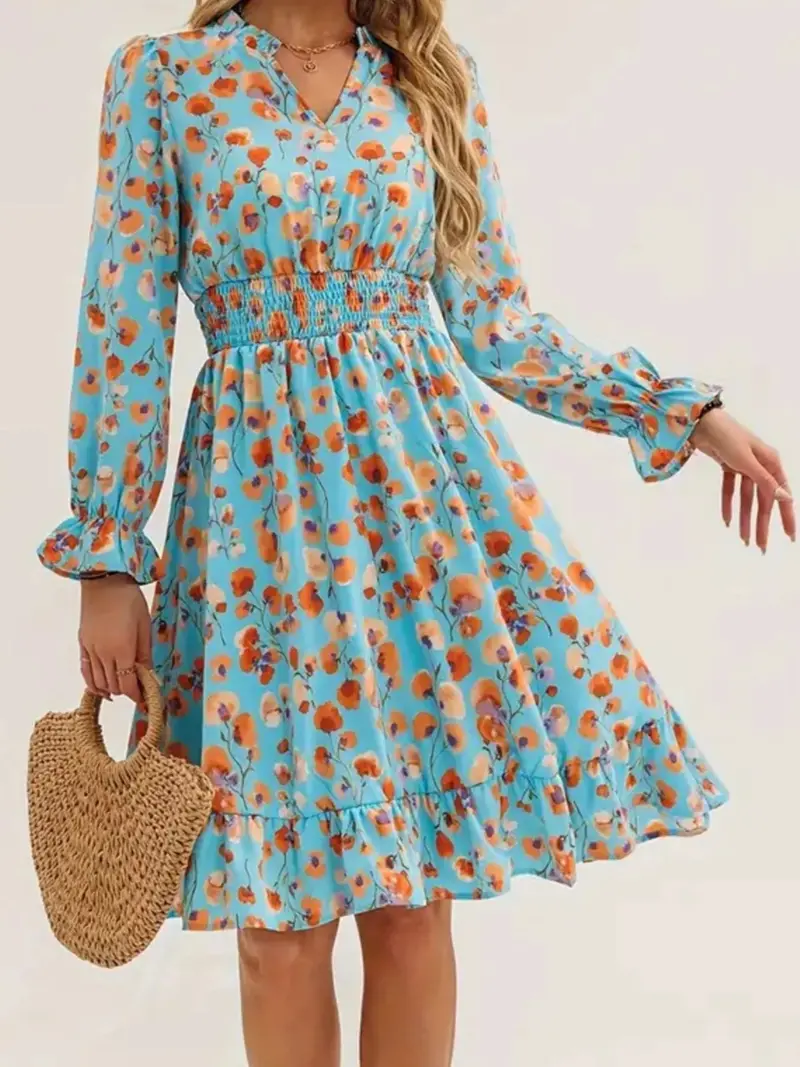 Floral Print Flounce Sleeve Ruffle Hem Dress 13