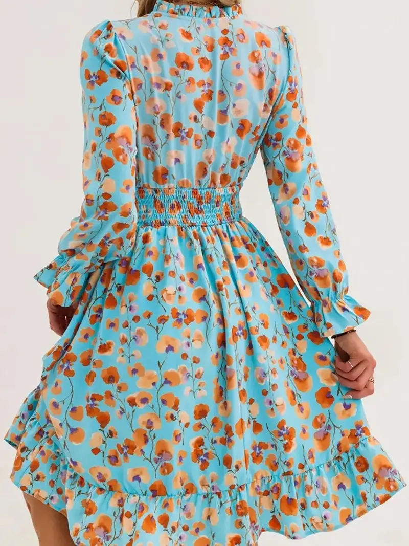 Floral Print Flounce Sleeve Ruffle Hem Dress 14