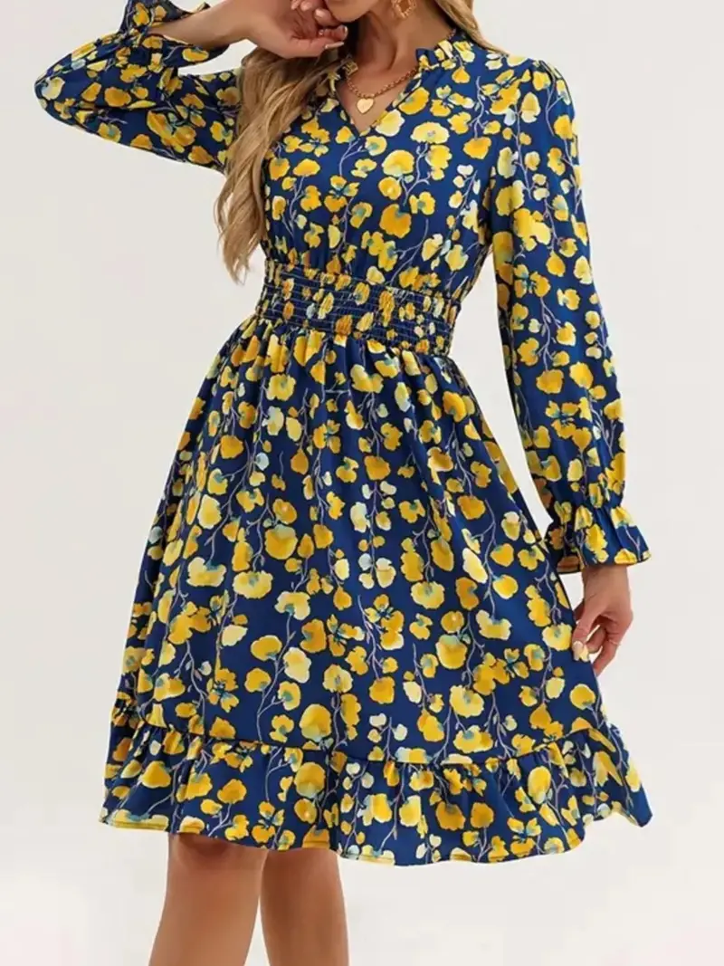 Floral Print Flounce Sleeve Ruffle Hem Dress 15