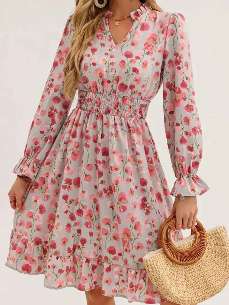 Floral Print Flounce Sleeve Ruffle Hem Dress 2