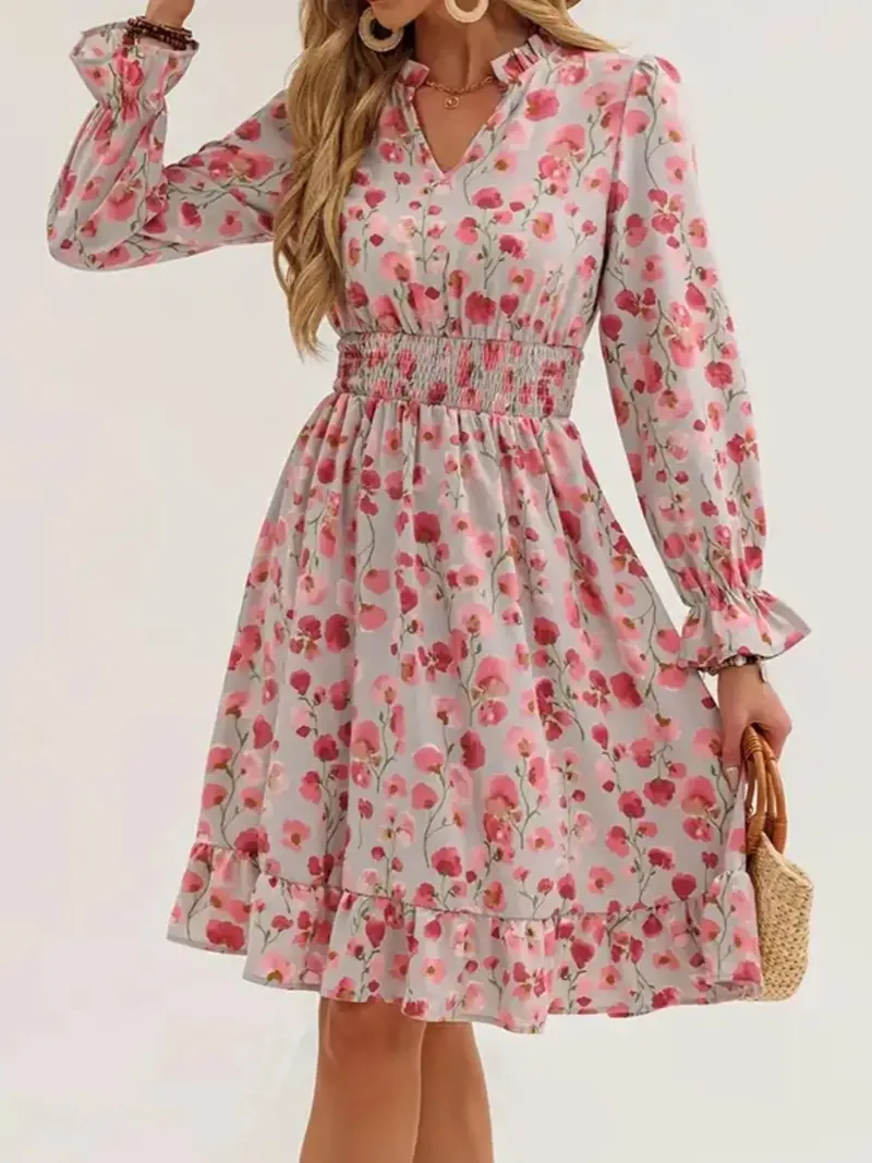 Floral Print Flounce Sleeve Ruffle Hem Dress 5