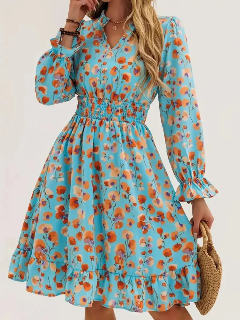 Floral Print Flounce Sleeve Ruffle Hem Dress 8