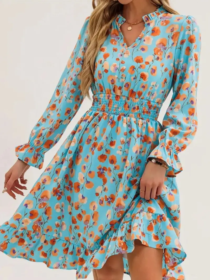 Floral Print Flounce Sleeve Ruffle Hem Dress 9