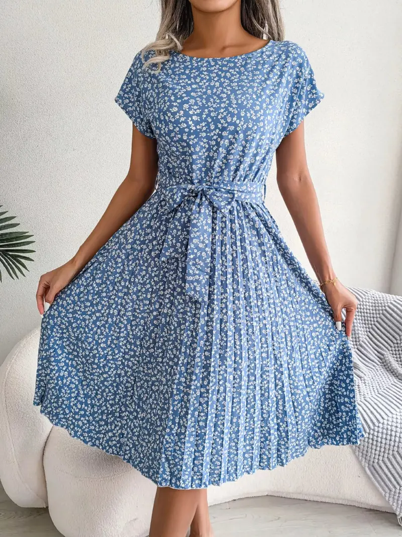 Floral Print Pleated Midi Dress With Belt 1