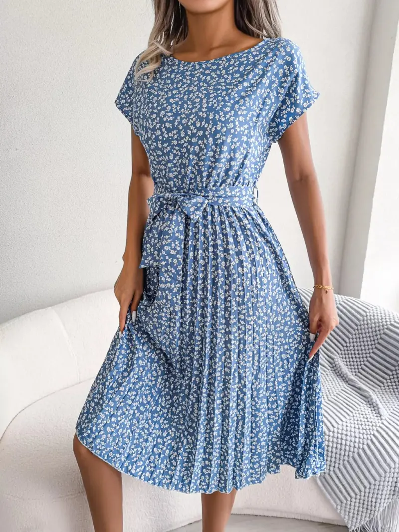 Floral Print Pleated Midi Dress With Belt 4