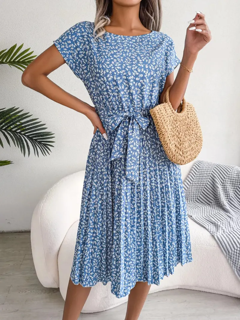 Floral Print Pleated Midi Dress With Belt 5
