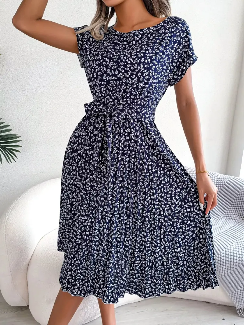 Floral Print Pleated Midi Dress With Belt 5
