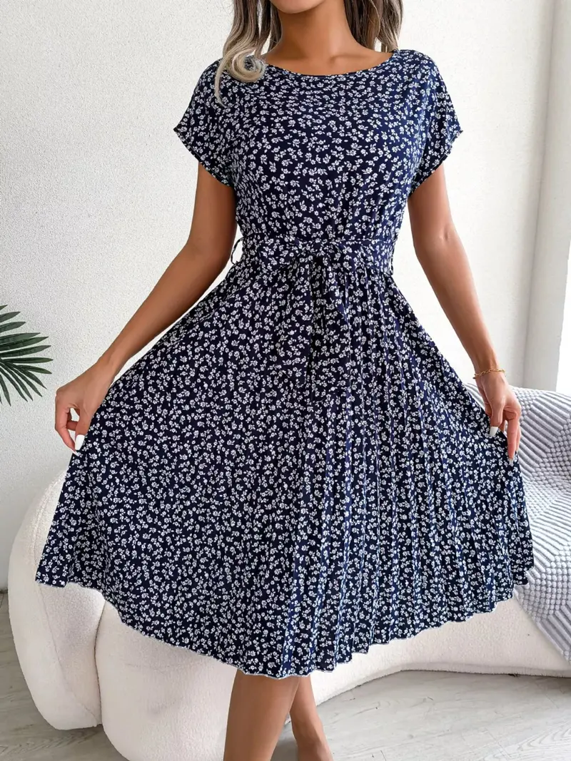Floral Print Pleated Midi Dress With Belt 6