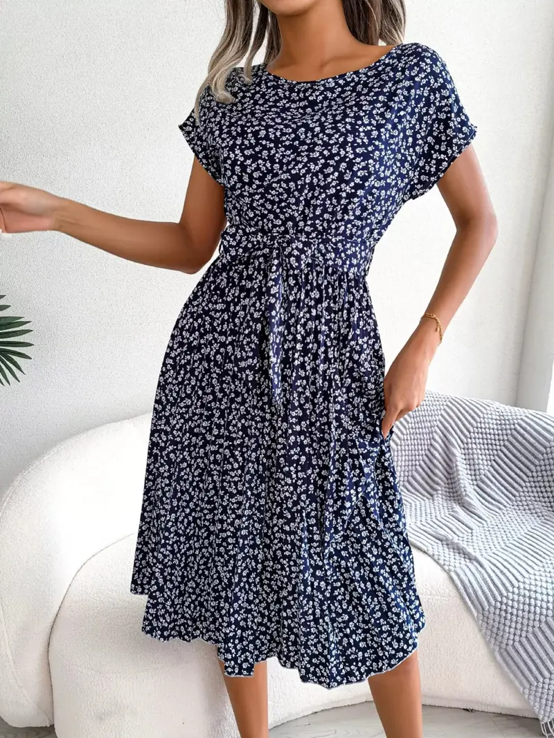 Floral Print Pleated Midi Dress With Belt 7
