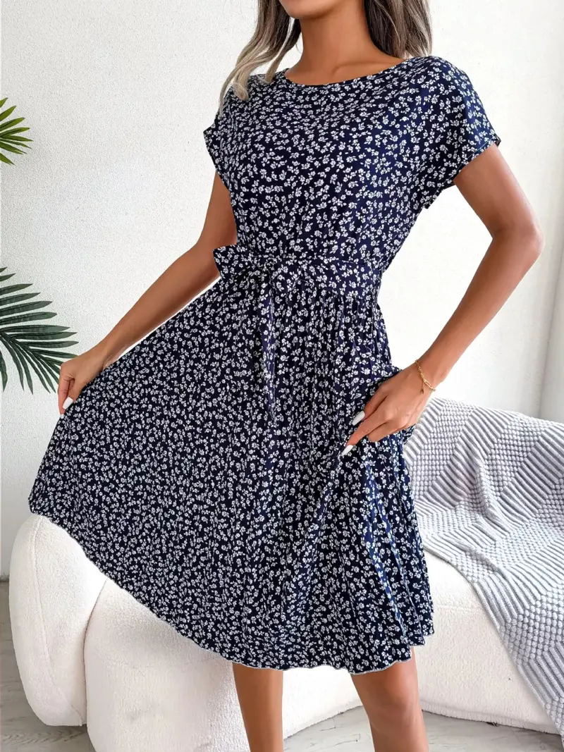 Floral Print Pleated Midi Dress With Belt 8