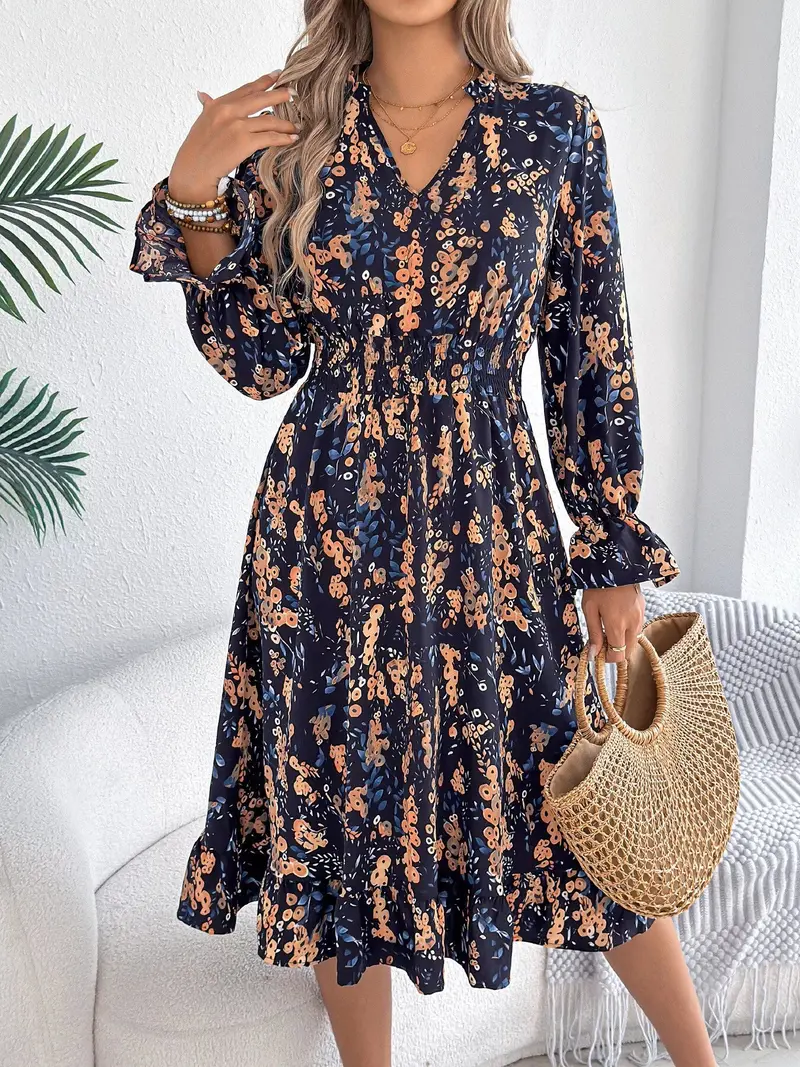 Floral Print Ruffle Hem Flounce Sleeve A-Line Dress 1