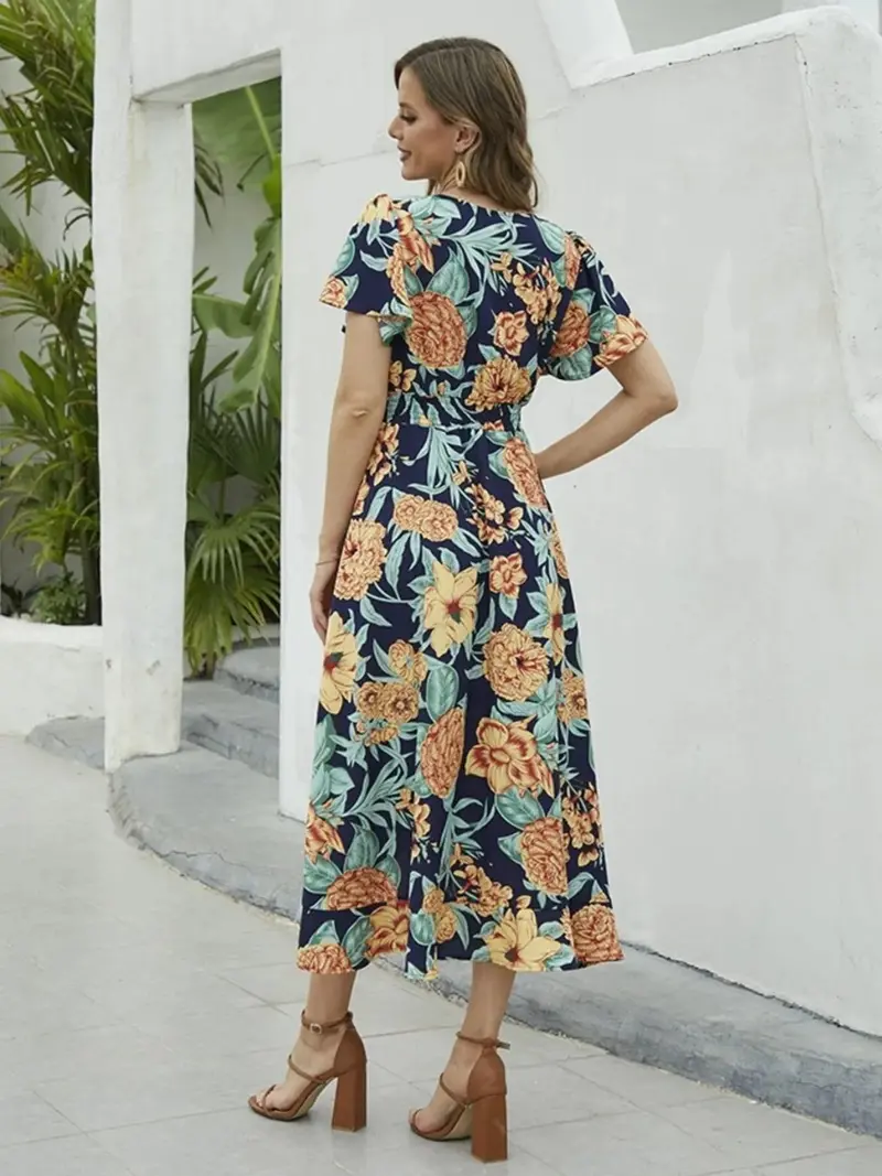 Floral Print Short Sleeve Wrap Midi Dress 4