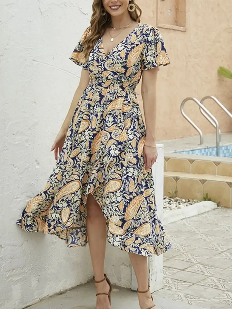 Floral Print Short Sleeve Wrap Midi Dress 6