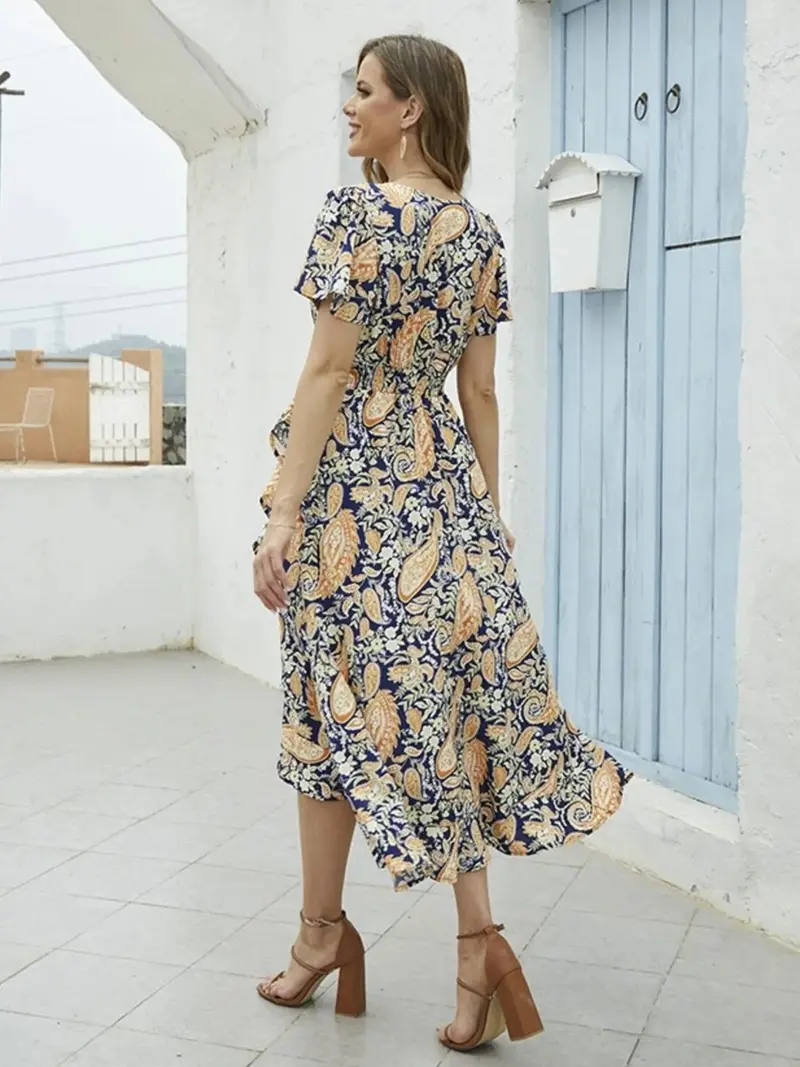 Floral Print Short Sleeve Wrap Midi Dress 6