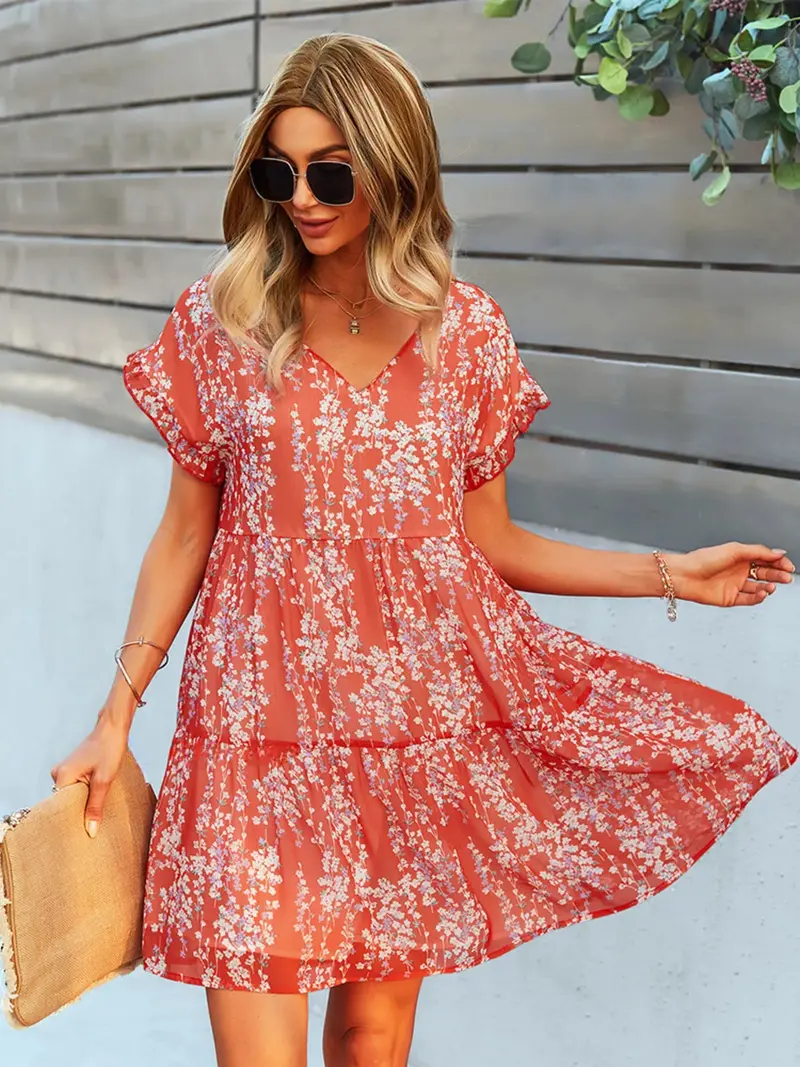 Floral Print V-Neck Ruffle Tiered Summer Mini Dress 1