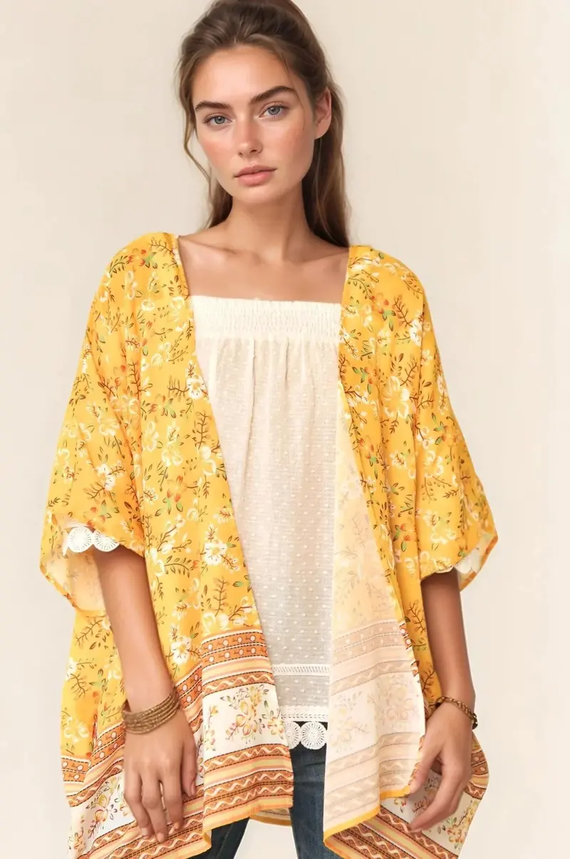Floral Printed Short Sleeve Loose Fit Kimono Cover Up 1