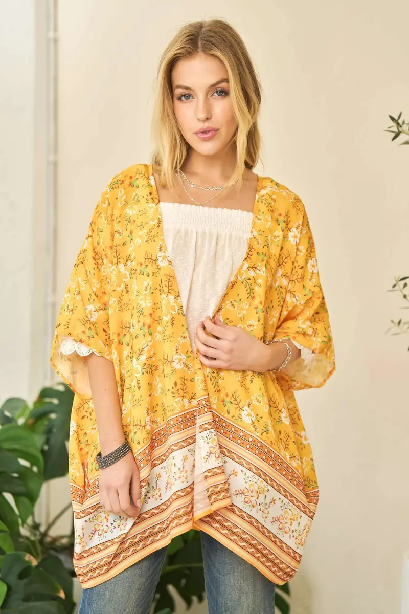 Floral Printed Short Sleeve Loose Fit Kimono Cover Up 2
